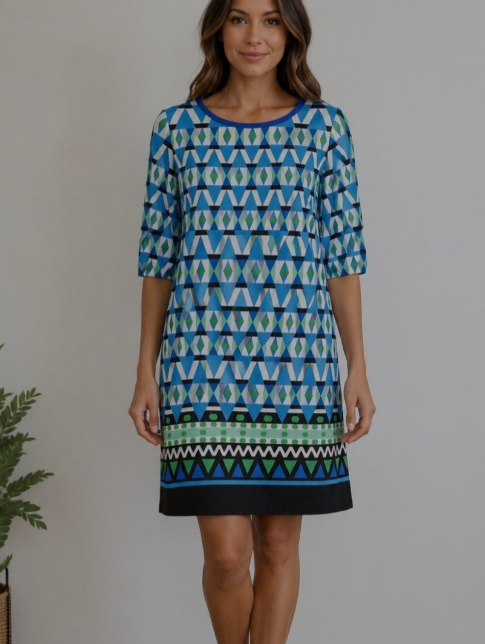 Eliza J - Geometric Print Shift Dress - Blue & Green